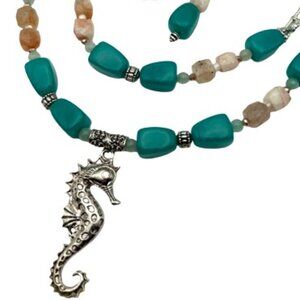 Handmade Jewelry Set - Seahorse - Dyed Blue Jade, Blue Agate, Flower Agate